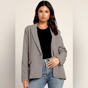 Lulu’s Medium Brown Black Houndstooth Taupe Oversized Lined Blazer